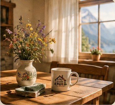 Heimeliger Wohnraum mit Blumen auf einem Holztisch